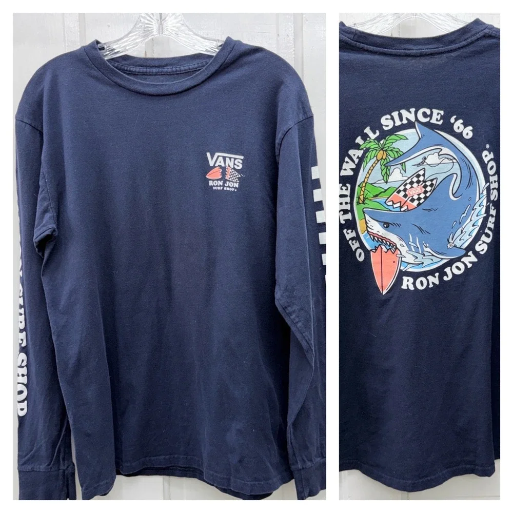 Vans Ron Jon Surf Shop Mens Medium Classic Fit Long Sleeve Navy Shark Shirt
